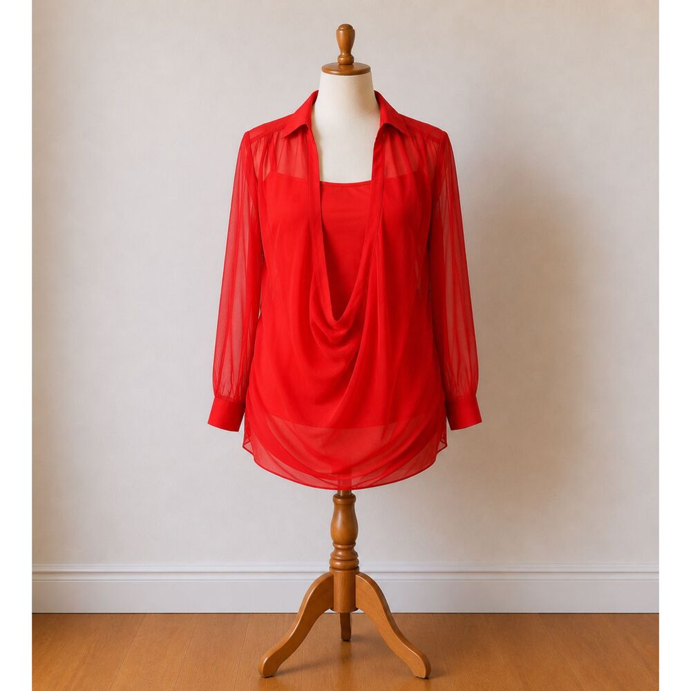 Miss Me MM Couture Red Sheer Tunic Blouse Medium 3/4 Sleeve Layered‎ Top
